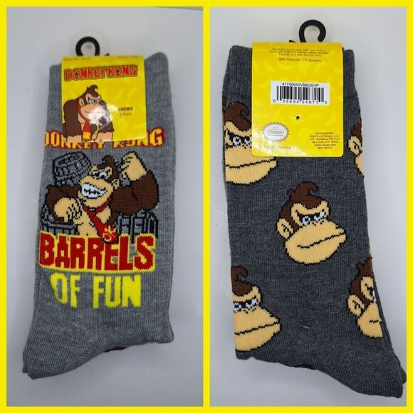 Donkey Kong crew socks 2 pair barrels of fun graphic Nintendo novelty So… - Picture 1 of 7